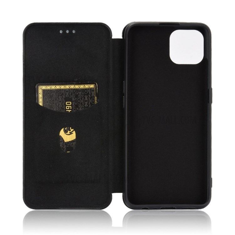Carbon Fiber Auto-absorbed Leather Shell with Card Holder for Oppo Reno4 SE - Black-3