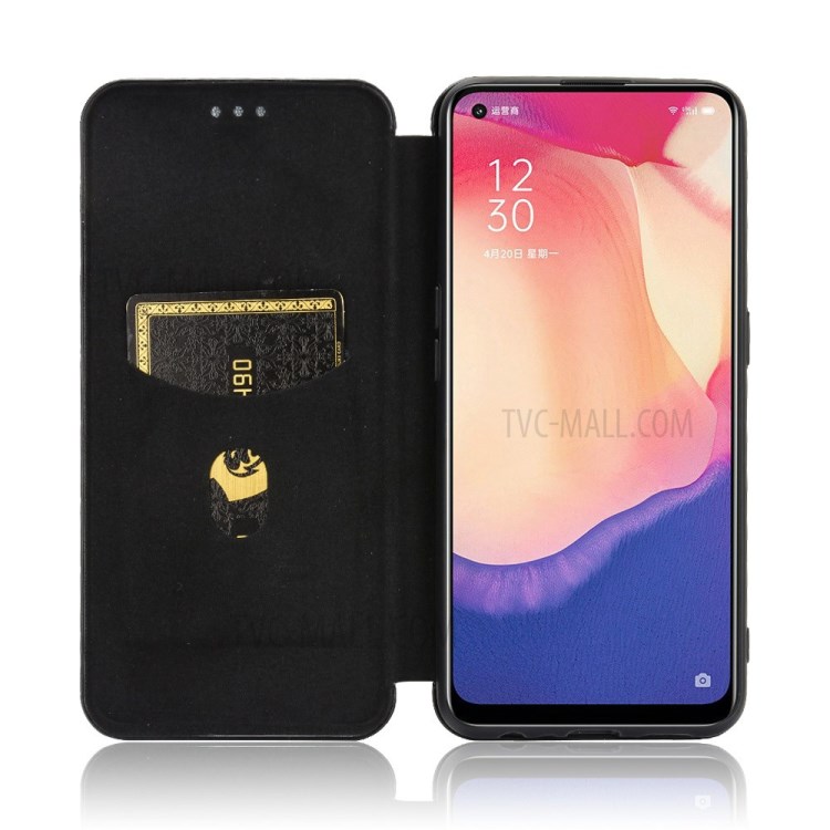Carbon Fiber Auto-absorbed Leather Shell with Card Holder for Oppo Reno4 SE - Black-4