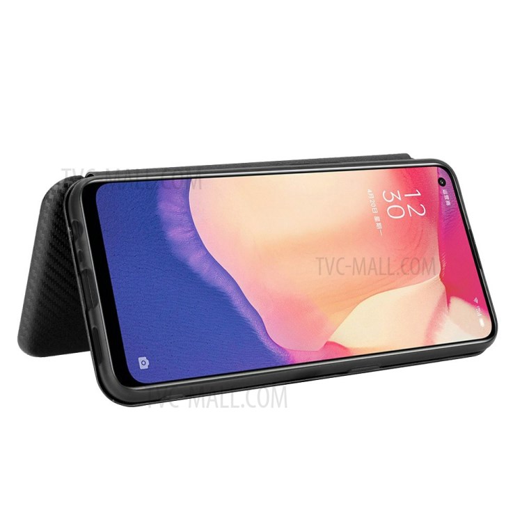 Carbon Fiber Auto-absorbed Leather Shell with Card Holder for Oppo Reno4 SE - Black-5