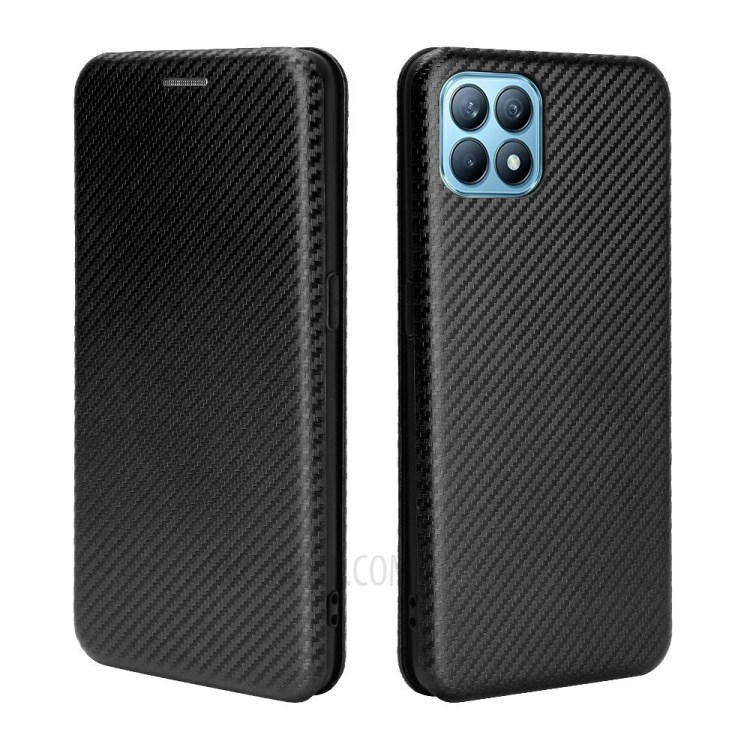 Carbon Fiber Auto-absorbed Leather Shell with Card Holder for Oppo Reno4 SE - Black-7