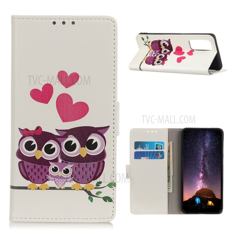 Pattern Printing Leather Phone Wallet Stand Protective Case for Oppo Reno4 5G - Heart and Owl-1