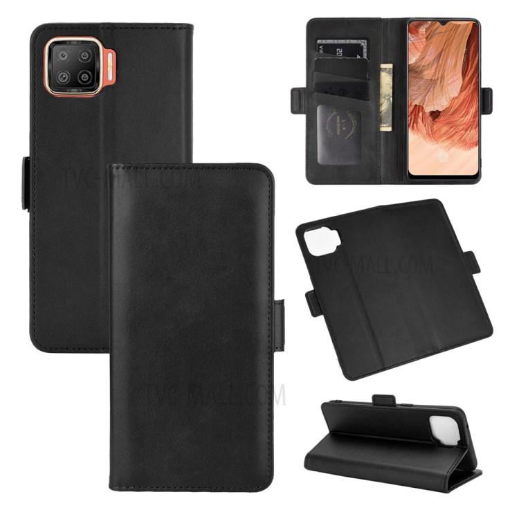 Double Magnetic Clasp PU Leather Wallet Stand Case Cover for Oppo F17 - Black-1