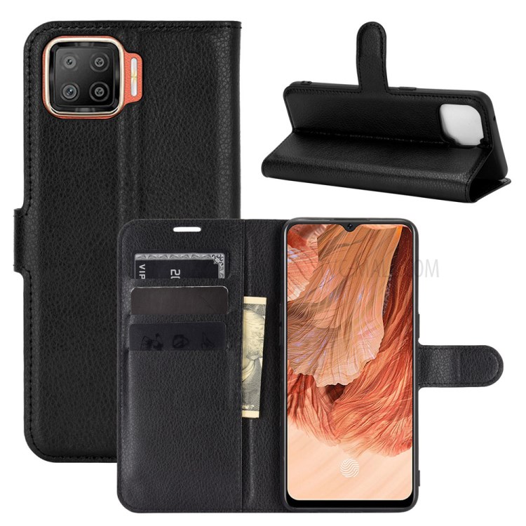 For Oppo F17 Litchi Grain PU Leather Wallet Stand Mobile Phone Shell - Black-1