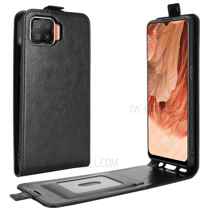 For Oppo F17 Vertical Flip Crazy Horse Leather Shell with Card Holder - Black-1