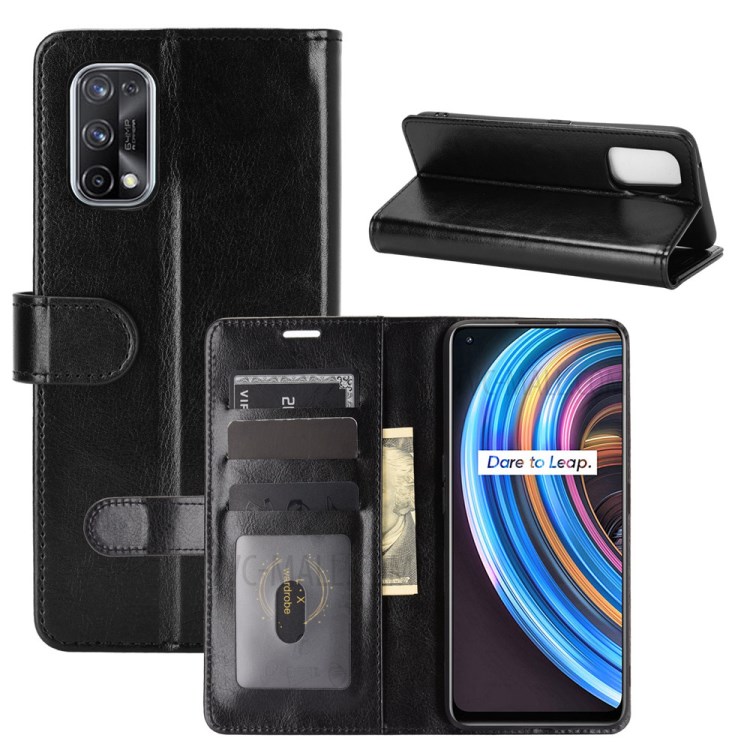 For Realme X7 Crazy Horse Leather Case with Wallet Stand - Black-1