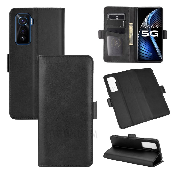 Wallet Stand PU Leather Case Cover with Double Magnetic Clasp for vivo iQOO 5 5G - Black-1