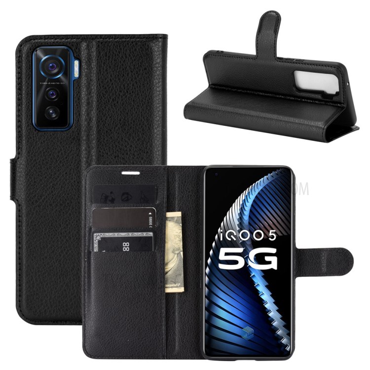Litchi Grain Wallet Stand Leather Protective Phone Shell for vivo iQOO 5 5G - Black-1