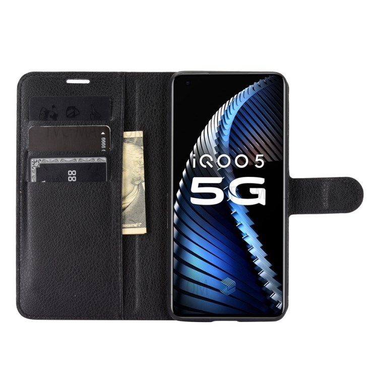 Litchi Grain Wallet Stand Leather Protective Phone Shell for vivo iQOO 5 5G - Black-3