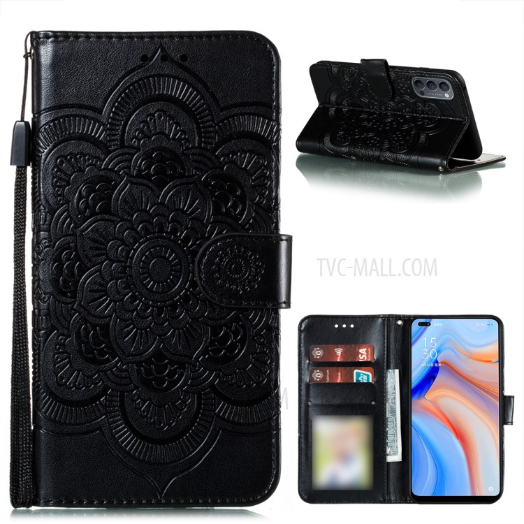 Imprint Mandala Flower Wallet Leather Magnetic Cover for Oppo Reno4 5G - Black-1