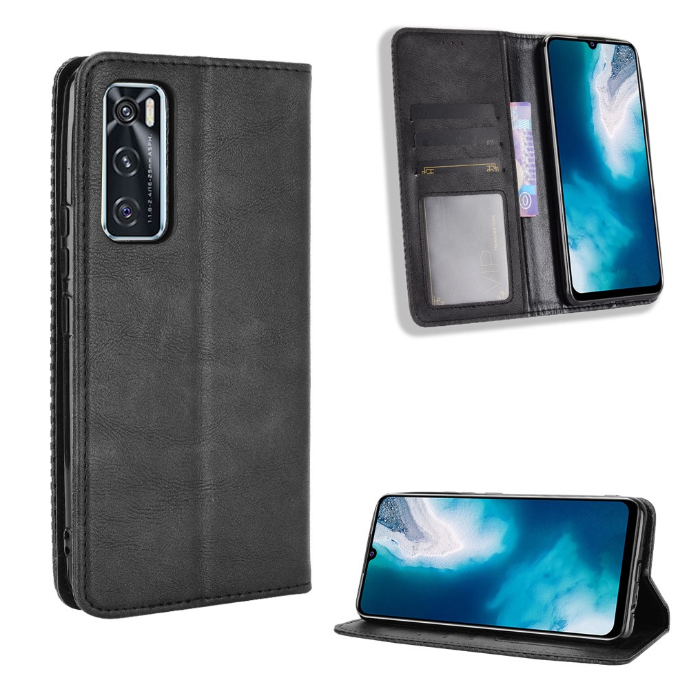 Magnetic Vintage Style Phone Case Wallet Stand Leather Cover for vivo V20 SE / vivo Y70 2020 - Black-1