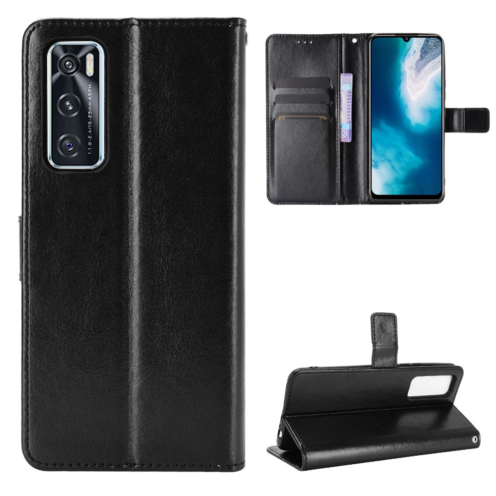 Crazy Horse Wallet Stand Leather Shell with Strap for vivo V20 SE / vivo Y70 2020 - Black-1