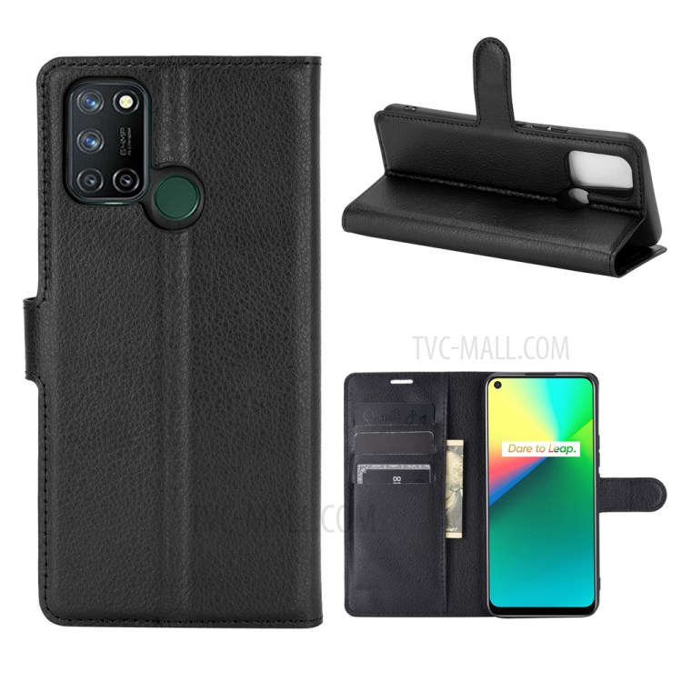 Litchi Grain PU Leather for Realme 7i/C17 Wallet Stand Mobile Phone Shell - Black-1