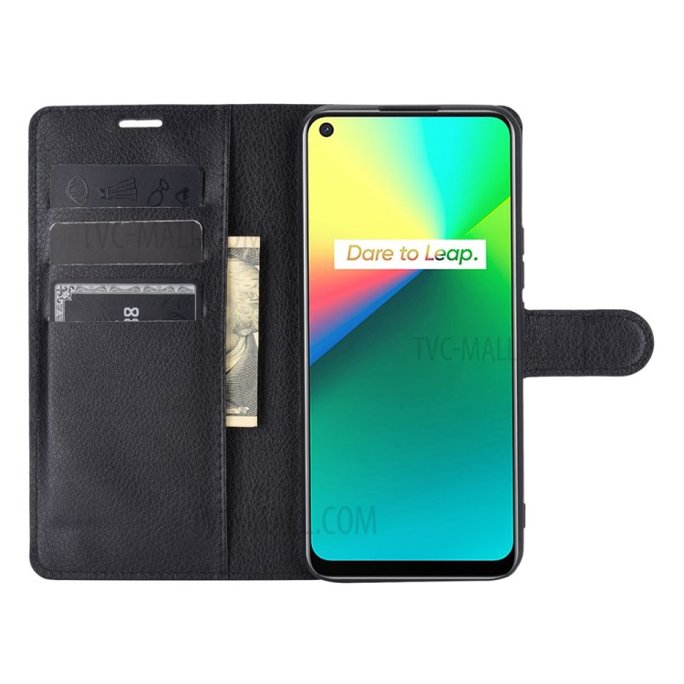 Litchi Grain PU Leather for Realme 7i/C17 Wallet Stand Mobile Phone Shell - Black-3