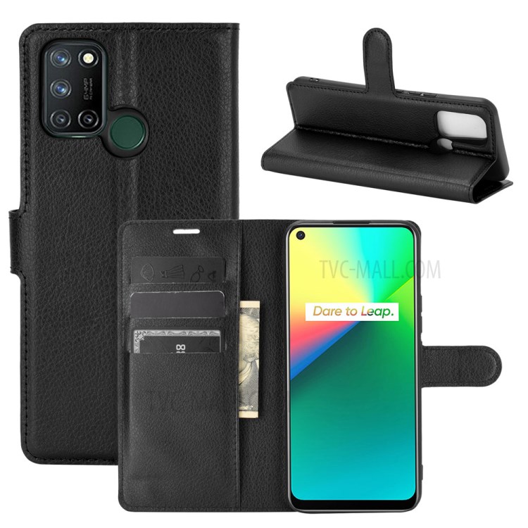 Litchi Grain PU Leather for Realme 7i/C17 Wallet Stand Mobile Phone Shell - Black-5