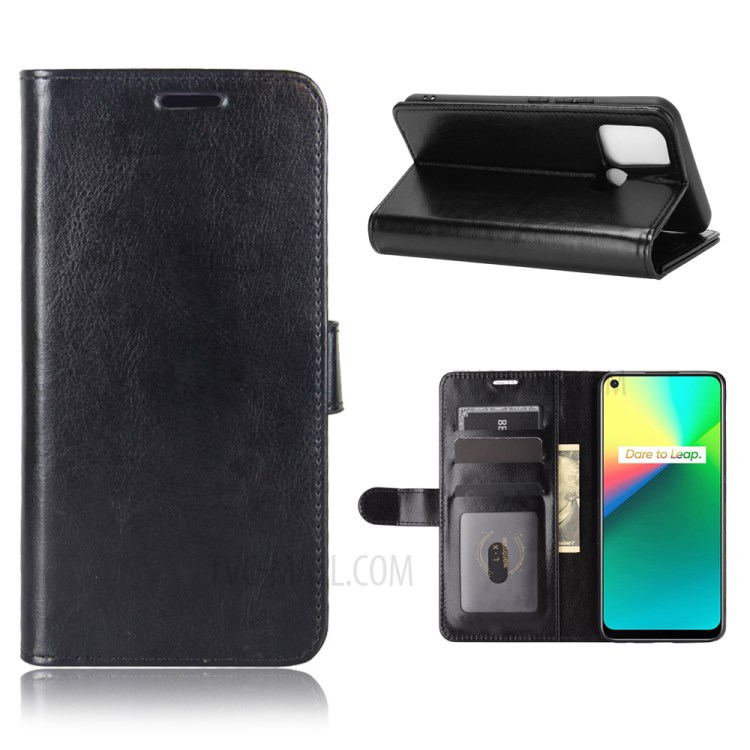 Crazy Horse Skin Leather Case for Realme 7i/C17 Stand Wallet Cover - Black-1