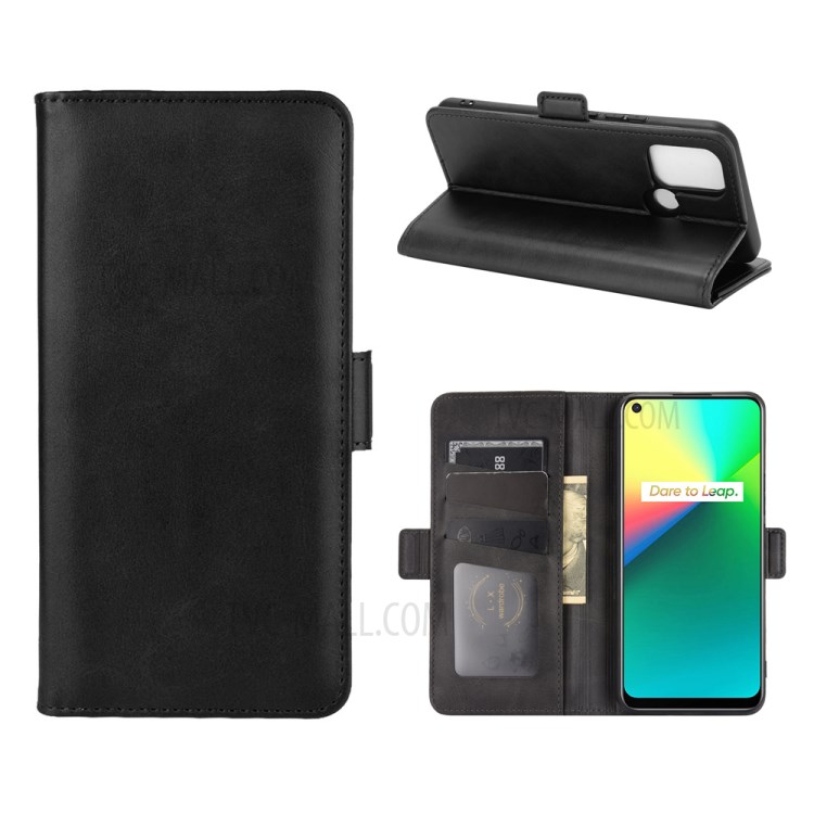 For Realme 7i/C17 Magnetic Double Clasp Leather Wallet Stand Cover - Black-1