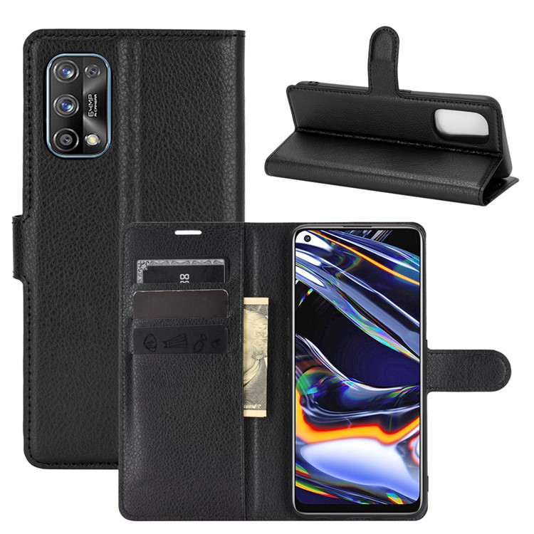 Phone Protective Shell Litchi Texture Leather Wallet for Realme 7 Pro - Black-1