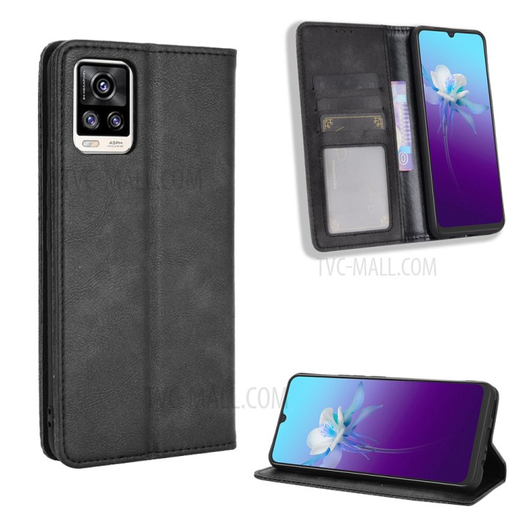 Auto-absorbed Retro Leather Case Cover for vivo V20 - Black-1