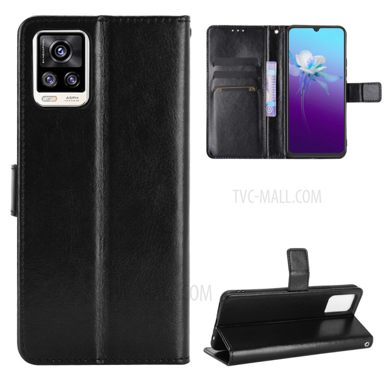 Crazy Horse Wallet Stand Leather Shell with Strap for vivo V20 - Black-1