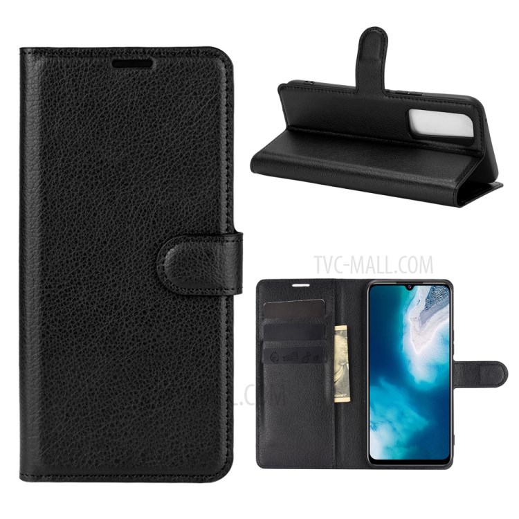 Litchi Skin Leather Protective Wallet Stand Phone Shell for Vivo V20 SE - Black-1