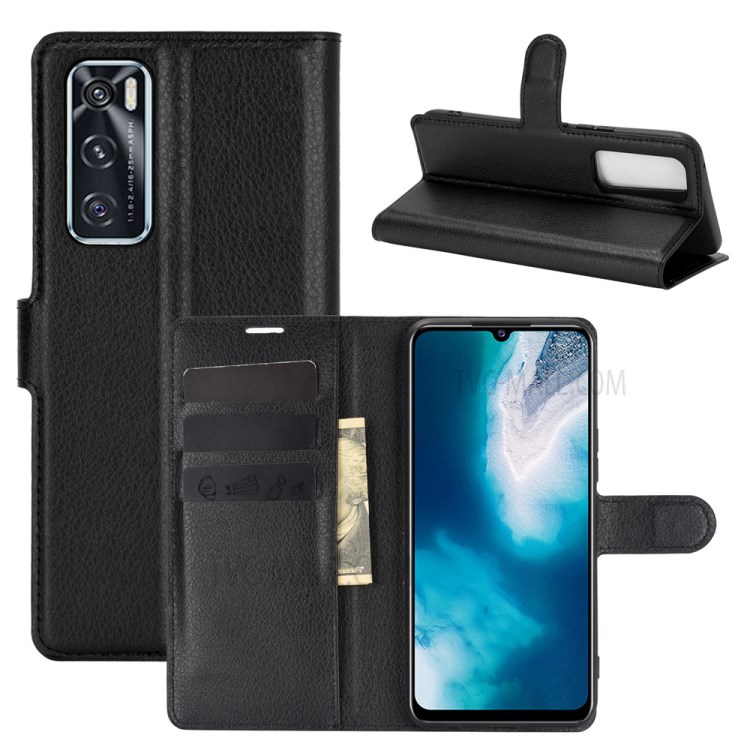Litchi Skin Leather Protective Wallet Stand Phone Shell for Vivo V20 SE - Black-2