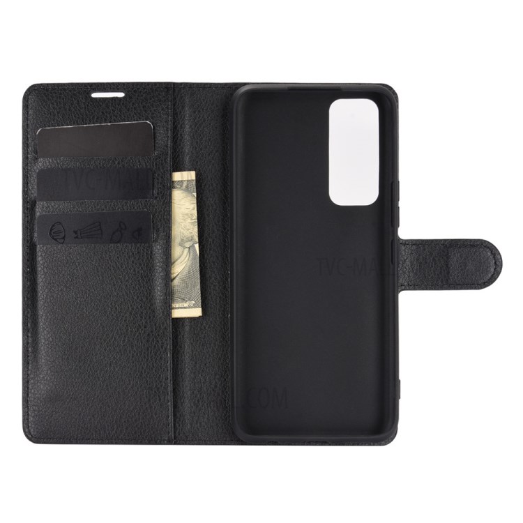 Litchi Skin Leather Protective Wallet Stand Phone Shell for Vivo V20 SE - Black-3