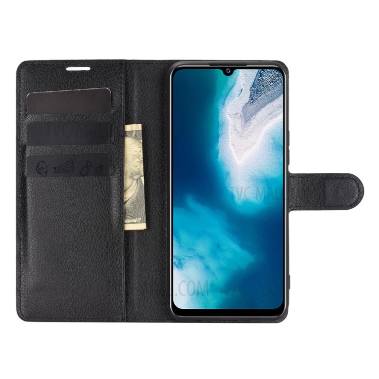 Litchi Skin Leather Protective Wallet Stand Phone Shell for Vivo V20 SE - Black-4