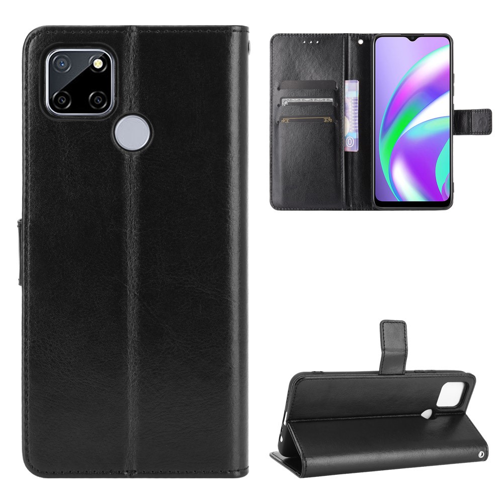 Crazy Horse Wallet Stand Leather Shell with Strap for Oppo A15 - Black-1