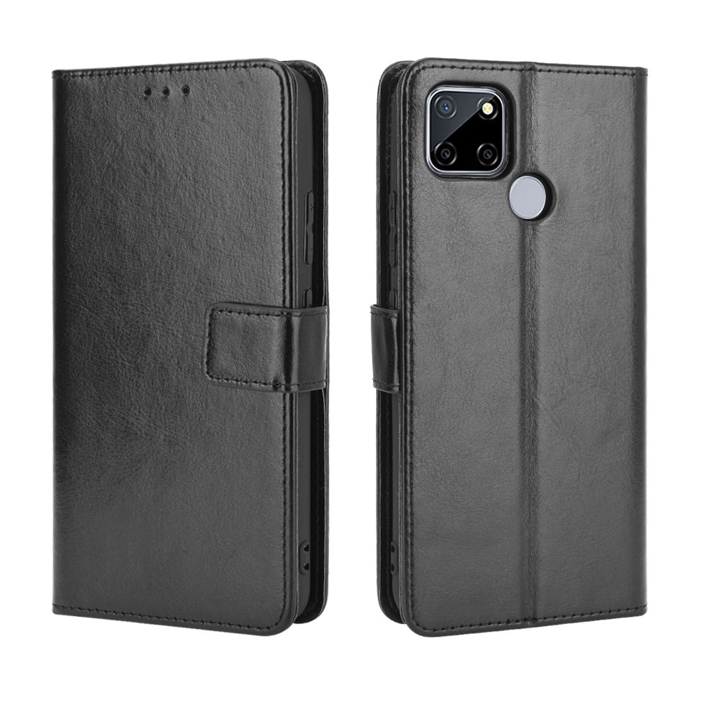Crazy Horse Wallet Stand Leather Shell with Strap for Oppo A15 - Black-2