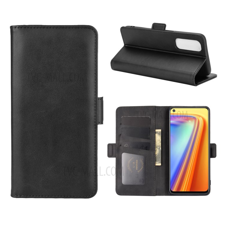 Double Clasp Flip Stand Leather Cover for Realme 7 (Global) / Realme 7 (Asia) - Black-1