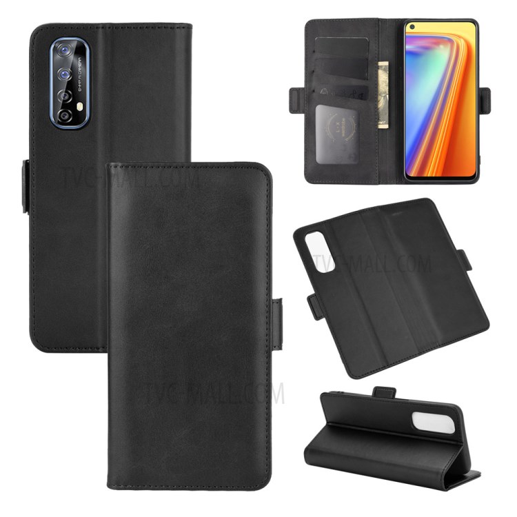 Double Clasp Flip Stand Leather Cover for Realme 7 (Global) / Realme 7 (Asia) - Black-5
