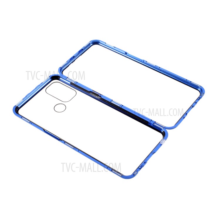 Double-sided Tempered Glass + Metal Frame Magnetic Lock Phone Case for Oppo A32 (2020)/A53(2020) - Blue-1