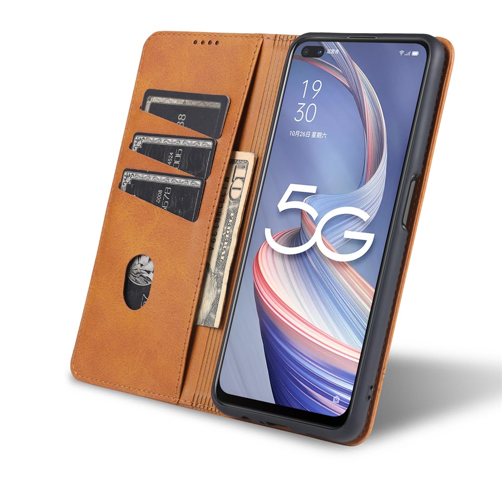 AZNS Auto-absorbed Magnetic Stand Wallet Leather Mobile Shell Case for Oppo A92s - Brown-9
