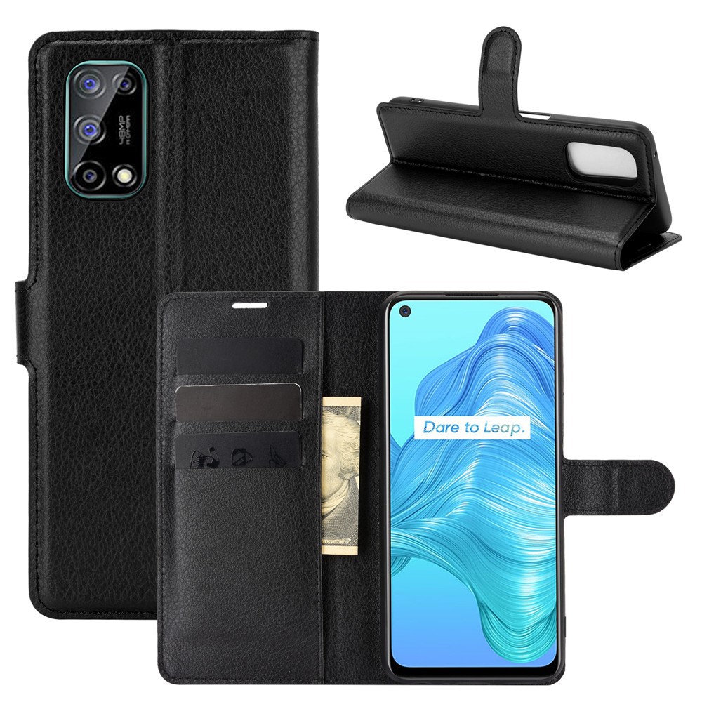 Litchi Texture Wallet Design Couro Capa De Protetor De Telefone Para OPPO K7X / Realme V5 / Realme Q2 / Realme 7 5G - Preto