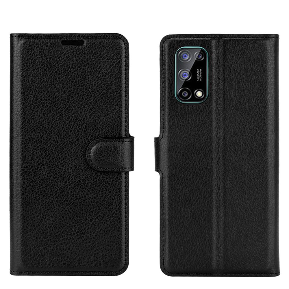 Litchi Texture Wallet Design Couro Capa De Protetor De Telefone Para OPPO K7X / Realme V5 / Realme Q2 / Realme 7 5G - Preto-2