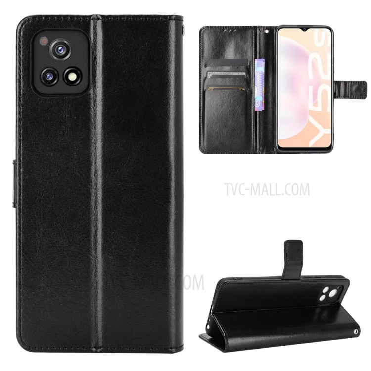 Crazy Horse Skin Leather Phone Wallet Stand Cover Shell with Lanyard for vivo Y52s / vivo iQOO U3 - Black-1