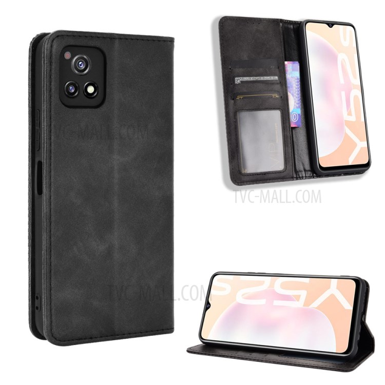 Magnetic Vintage Style Wallet Stand Phone Case Cover for vivo Y52s / vivo iQOO U3 - Black-1