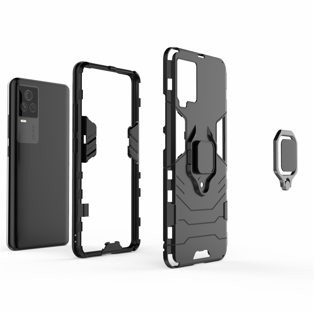 For vivo iQOO 7 Case Ring-Shape Kickstand PC + TPU Combo Cover - Black-4