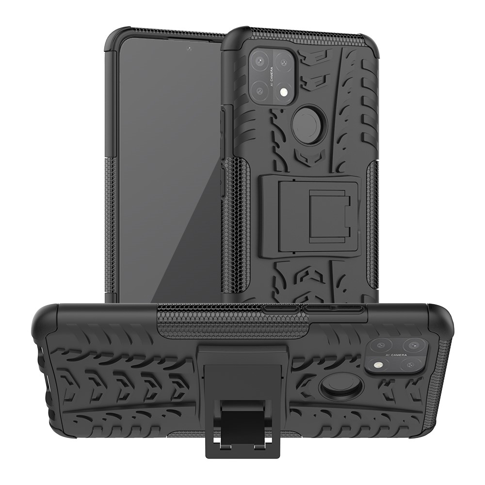 Kickstand Design Cool Tyre Surface PC + TPU Hybrid Shell Case for OPPO A15 - Black-1