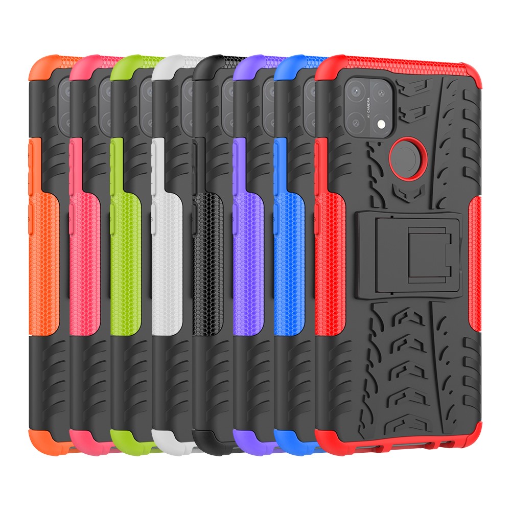Kickstand Design Cool Tyre Surface PC + TPU Hybrid Shell Case for OPPO A15 - Black-10