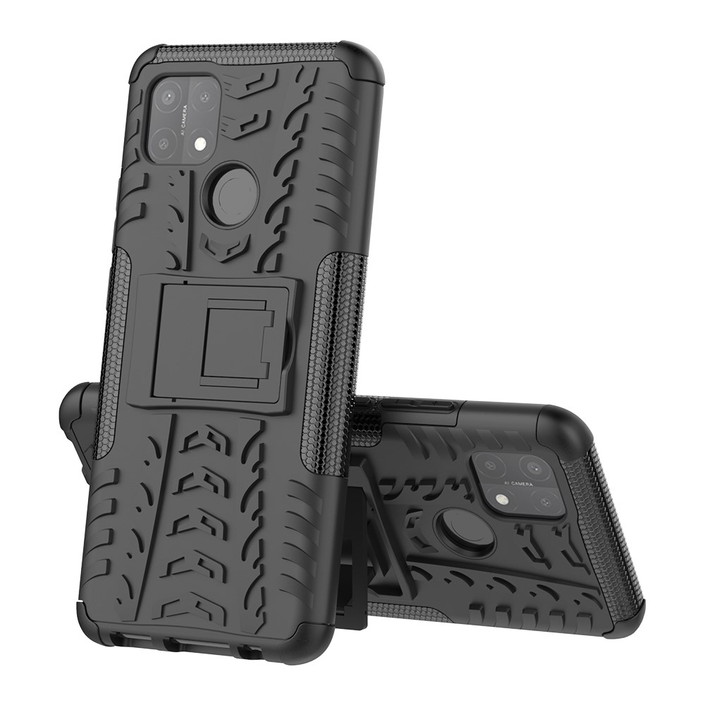 Kickstand Design Cool Tyre Surface PC + TPU Hybrid Shell Case for OPPO A15 - Black-2