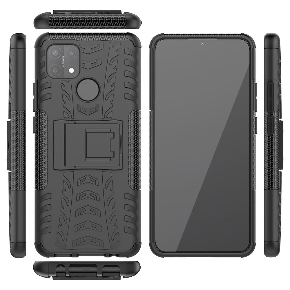 Kickstand Design Cool Tyre Surface PC + TPU Hybrid Shell Case for OPPO A15 - Black-9