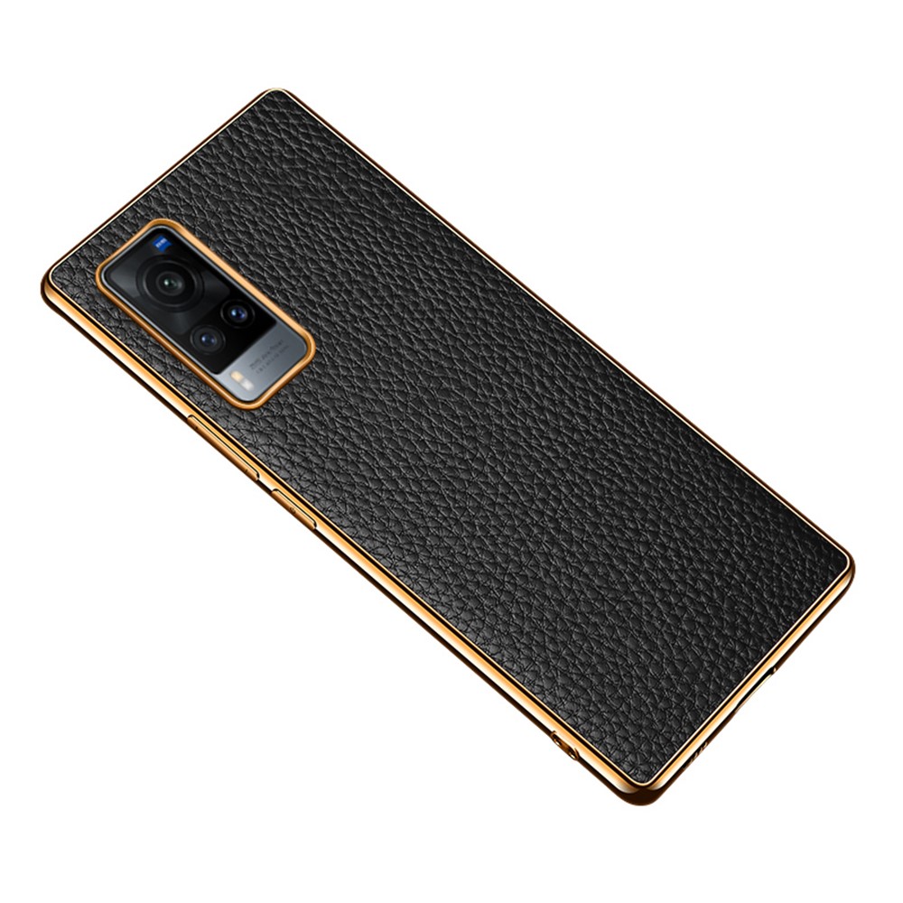 Electroplating Litchi Texture Genuine Leather Coated PC TPU Case for vivo X60 5G - Black-1