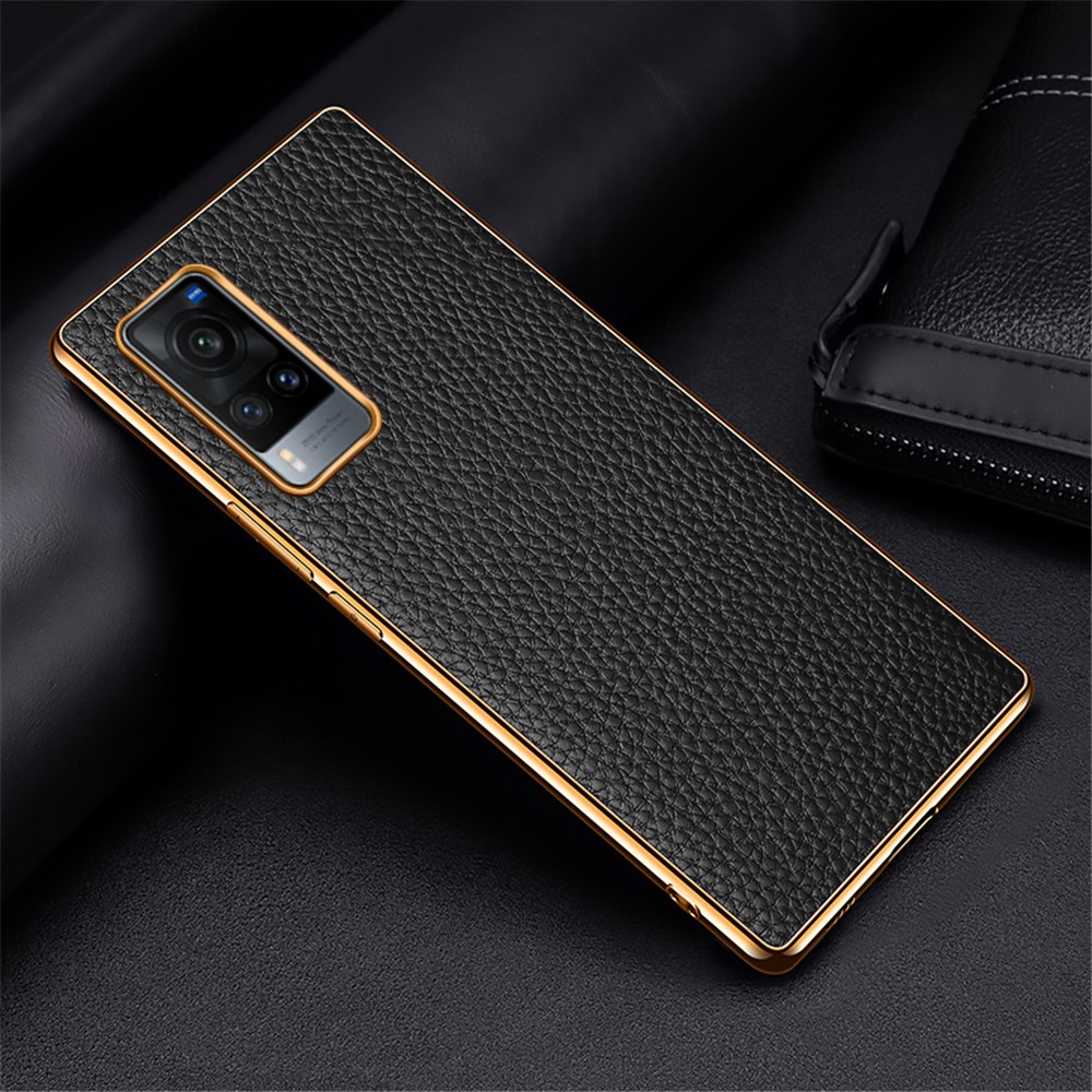 Electroplating Litchi Texture Genuine Leather Coated PC TPU Case for vivo X60 5G - Black-2