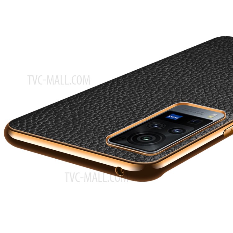 Electroplating Litchi Texture Genuine Leather Coated PC TPU Case for vivo X60 5G - Black-3
