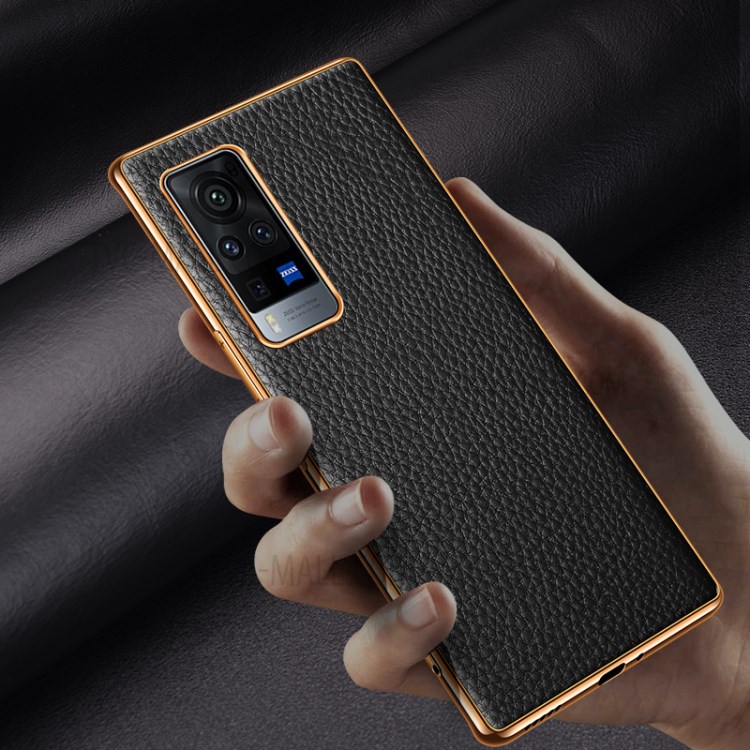 Electroplating Litchi Texture Genuine Leather Coated PC TPU Case for vivo X60 5G - Black-4