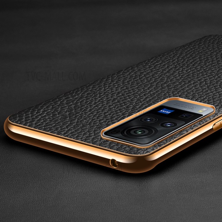 Electroplating Litchi Texture Genuine Leather Coated PC TPU Case for vivo X60 5G - Black-5