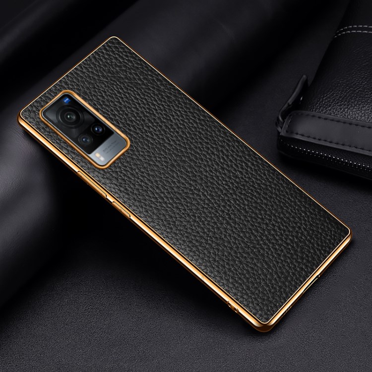 Electroplating Litchi Texture Genuine Leather Coated PC TPU Case for vivo X60 5G - Black-7