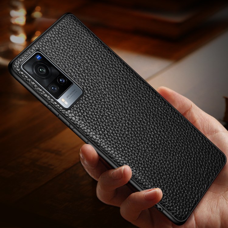Litchi Texture Genuine Leather TPU Shock Proof Case for vivo X60 Pro 5G - Black-6