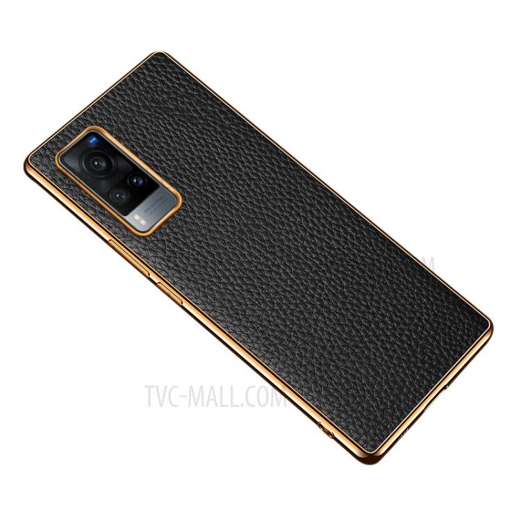 Plating Litchi Texture Genuine Leather + PC + TPU Hybrid Case for vivo X60 Pro 5G - Black-1